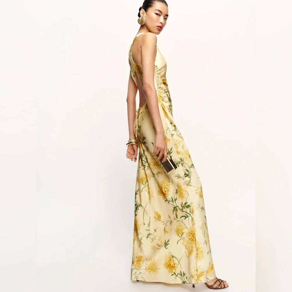 NEW Reformation Anaiis Long Backless Silk Dress Honeyglow Yellow Floral | US 2 - Picture 5 of 15